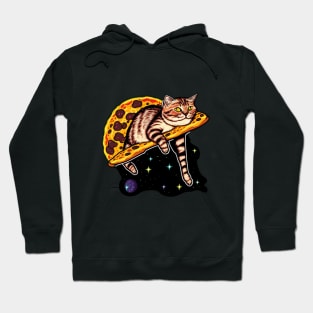 Tired cat riding a slice of pizza in space Hoodie